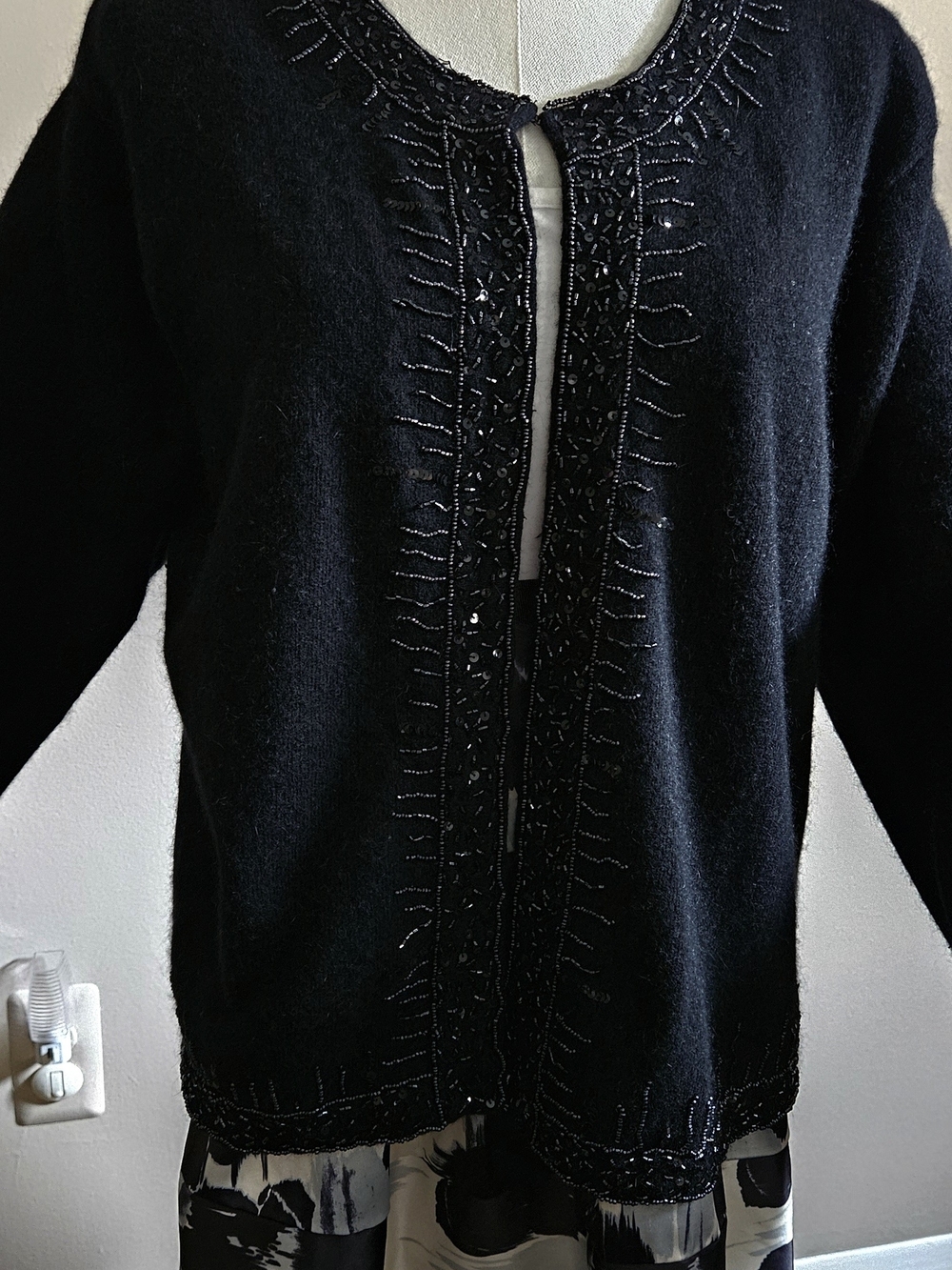 Vintage Black Beaded Lambswool Cardigan Sweater With Beaded Embellishment. XL